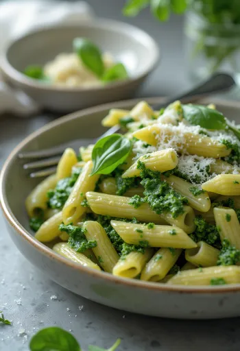 Cremet spinatpasta drysset med frisk parmesan, serveret på en hvid tallerken.
