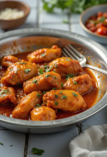 Vindaloo med kylling, serveret i en krydret sauce