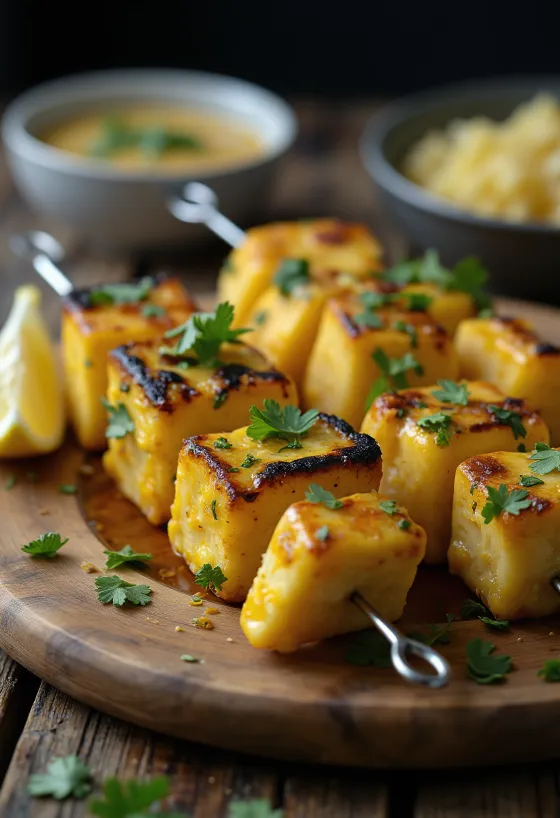 Achari paneer tikka grillede paneer stykker, krydret i yoghurtmarinade, serveret med frisk koriander og citron