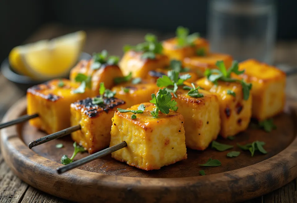 Achari paneer tikka grillede paneer stykker, krydret i yoghurtmarinade, serveret med frisk koriander og citron