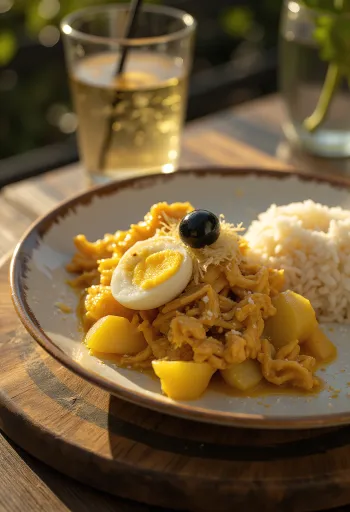 Ají de Gallina med løg serveret med kogt æg og mandelflager