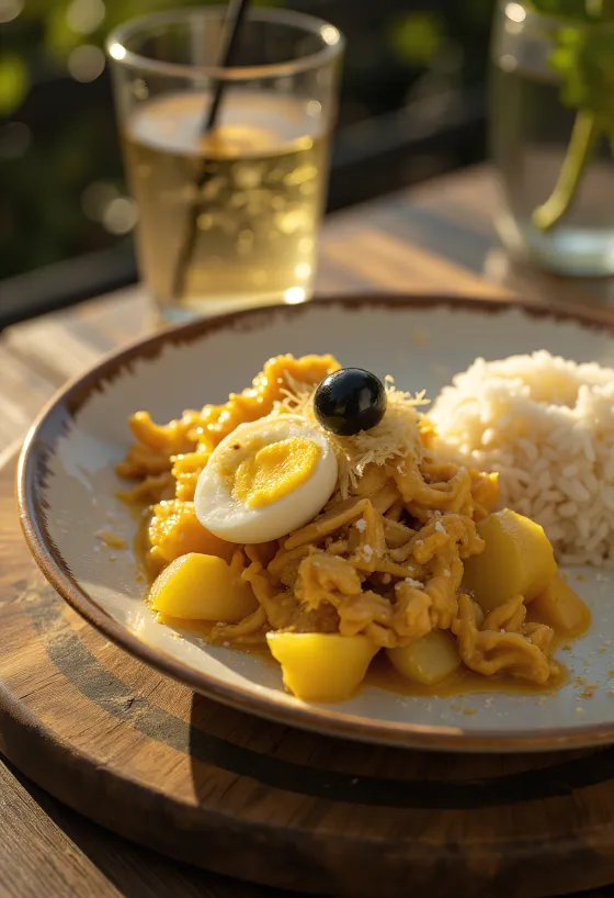 Ají de Gallina med løg serveret med kogt æg og mandelflager