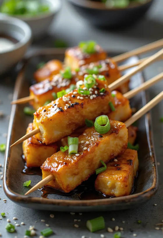 Atsuage tofu yakitori på spyd, serveret med sesam og forårsløg