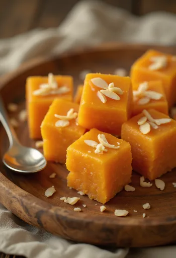 Gulerods Barfi, serveret med mandler og safransmag