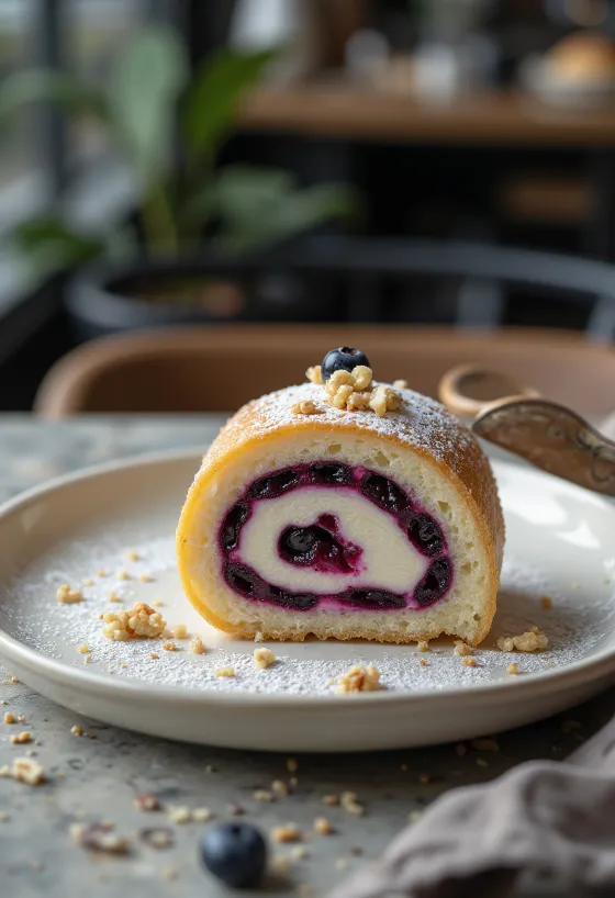 Bolo de rolo med valnødder i skiver, frisk serveret