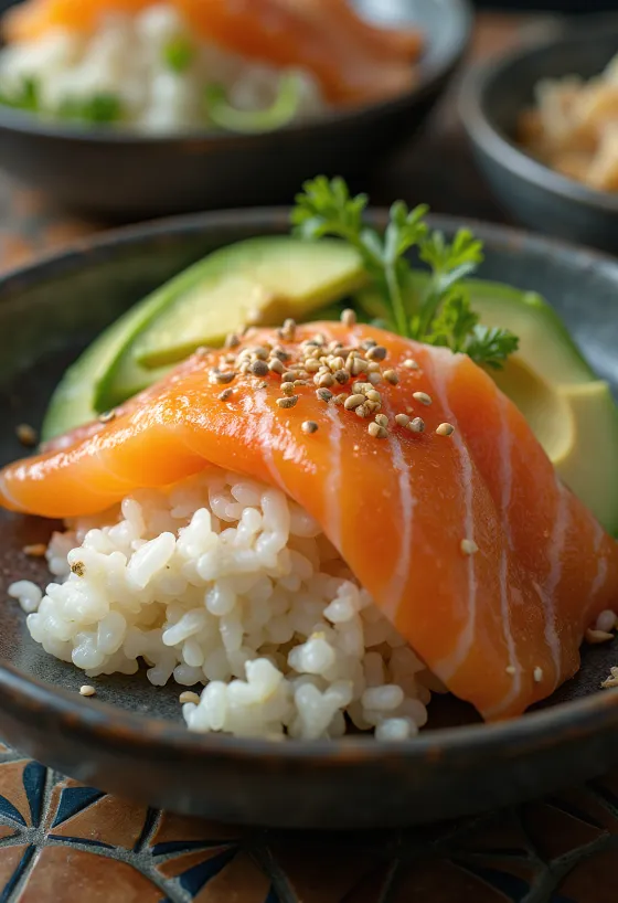 Chirashi-skål serveret med røget laks og friske grøntsager