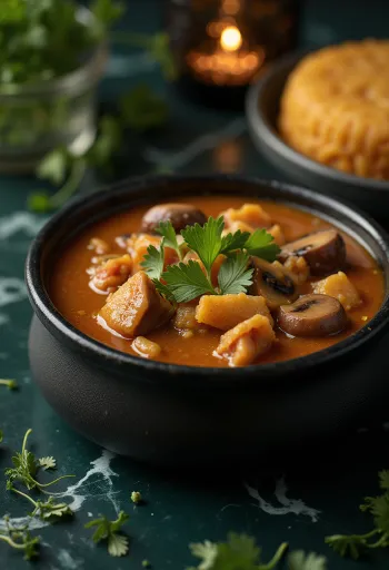 Egusi suppe med tomat oksekød og frisk koriander serveret