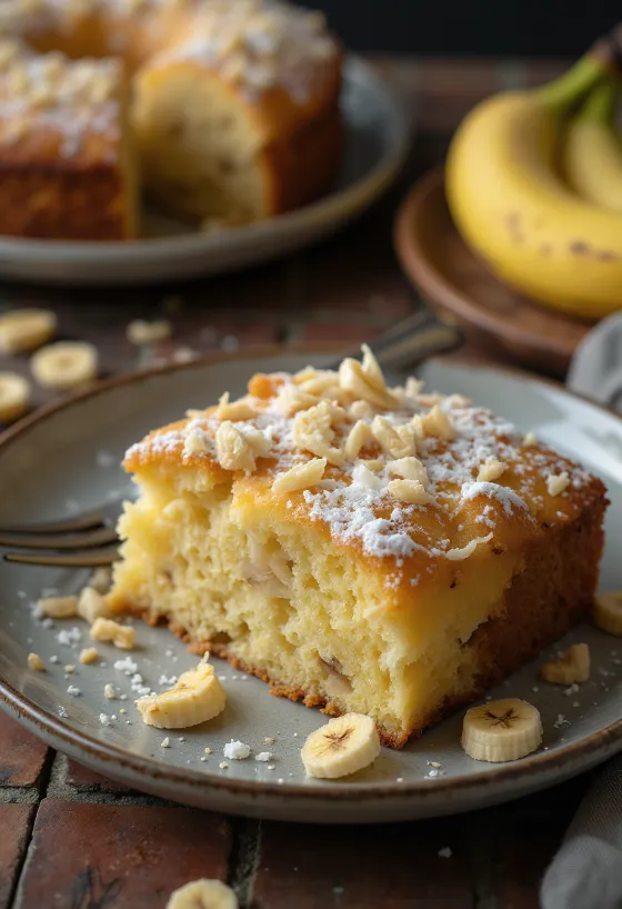 Kokos-banankage drysset med flormelis og pyntet med kokosmel