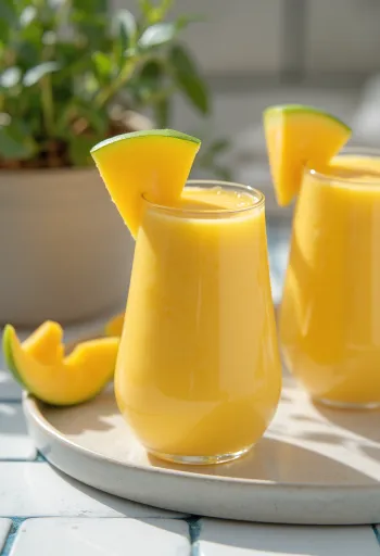 Mango smoothie i højt glas, pyntet med mangoskiver