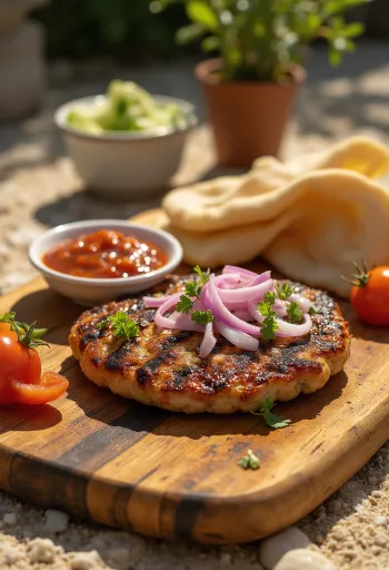 Pljeskavica, serbisk kødbøf med ajvar og ristede kartofler