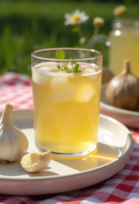 Grøn te-hvidløgs kombucha drik i gennemsigtigt glas, lys gullig fermenteret te