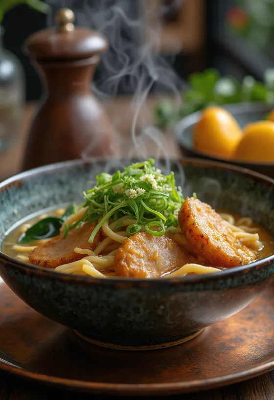 Ramen nudler med stegt pølse, serveret med æg og grøntsager