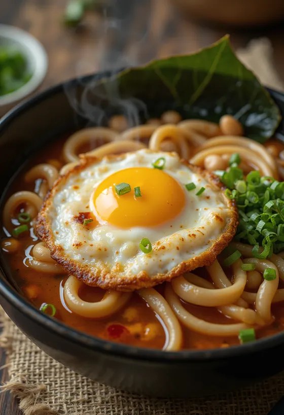 Ramenskål med spejlæg, nudler og toppings