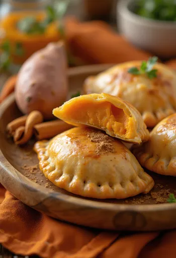 Empanada med bagte søde kartofler og krydret fyld