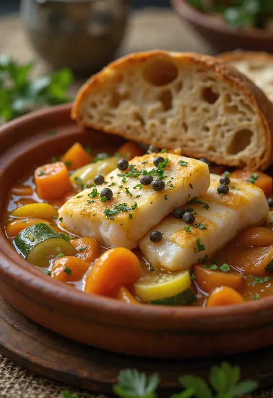 Klassisk tagine med fisk, serveret med rige grøntsager og friske krydret sauce