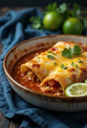 Bagt enchilada med lime, serveret med ost og creme fraiche