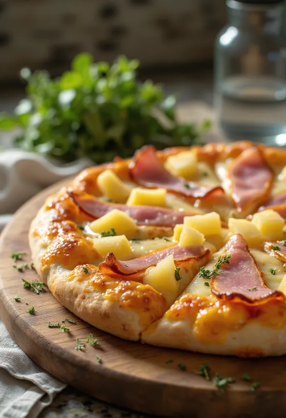 Røget skinke Hawaii pizza serveret