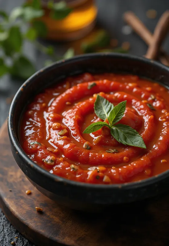 Krydret tomatsauce serveret med pasta