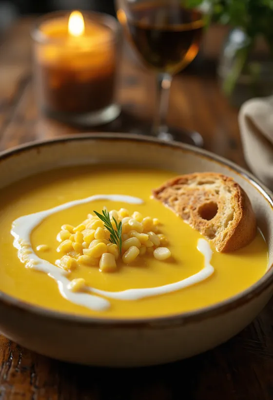 Cremet majssuppe pyntet med frisk persille, serveret i en hvid skål.