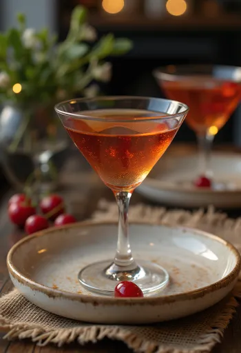 Manhattan cocktail pyntet med cocktailkirsebær og appelsinskal