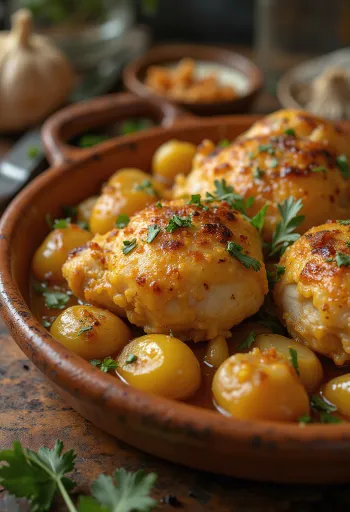 Pollo al Ajillo, spansk hvidløgskylling serveret med hvidvinssauce