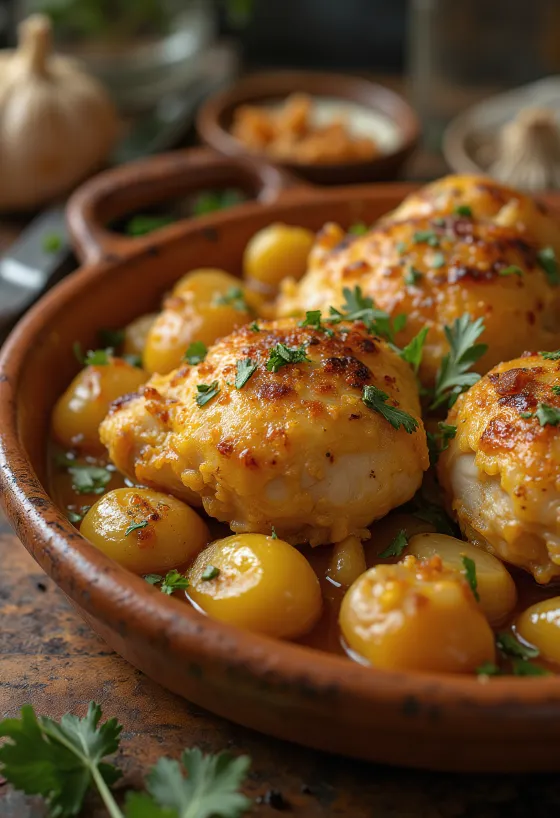 Pollo al Ajillo, spansk hvidløgskylling serveret med hvidvinssauce