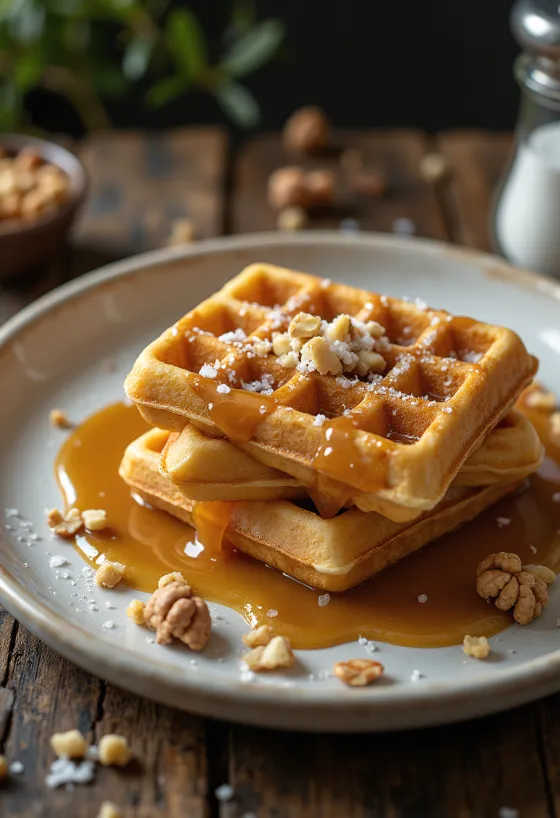Vaffel med saltkaramel serveret