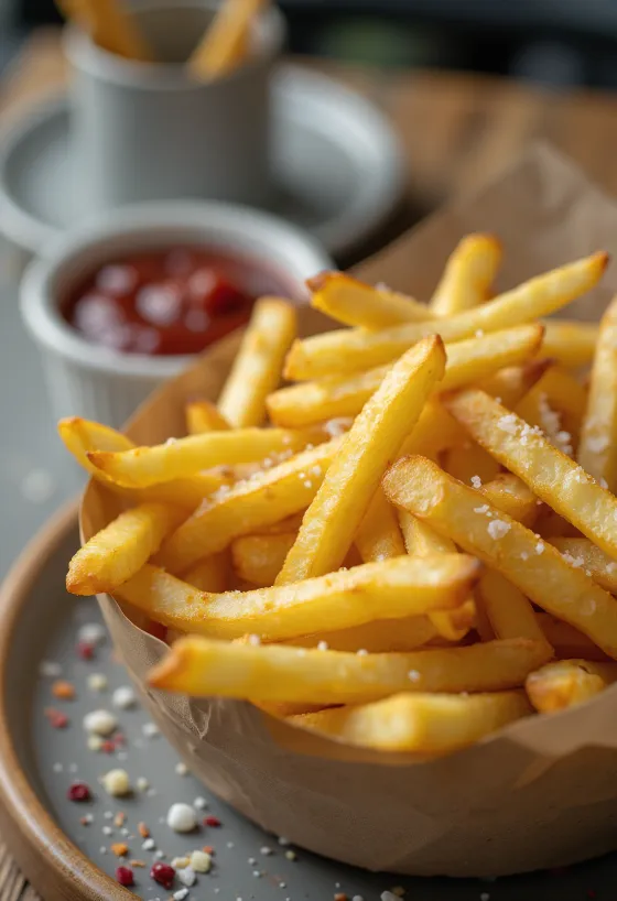 Gyldenbrune pomfritter stegt sprøde og drysset med friske krydderurter.