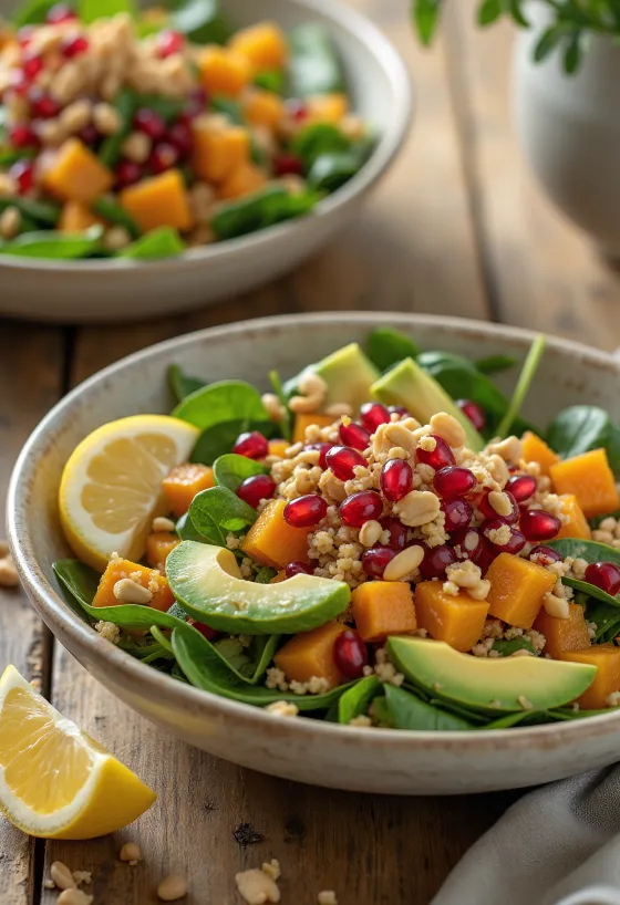 Græskar og jordnødde buddha bowl serveret