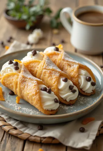 Sprøde Cannoli rør fyldt med hvid ricottacreme og pyntet med chokolade