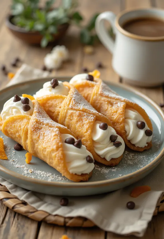Sprøde Cannoli rør fyldt med hvid ricottacreme og pyntet med chokolade