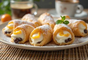 Sprøde Cannoli rør fyldt med hvid ricottacreme og pyntet med chokolade