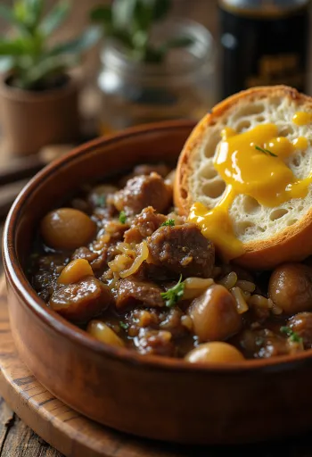 Carbonnade Flamande serveret med kartoffelmos