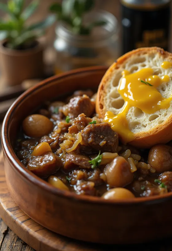 Carbonnade Flamande serveret med kartoffelmos