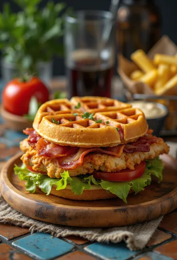Club sandwich vaffel friskbagt med grillet kylling og bacon