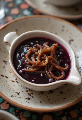 Krydret rødvinssauce med løg serveret