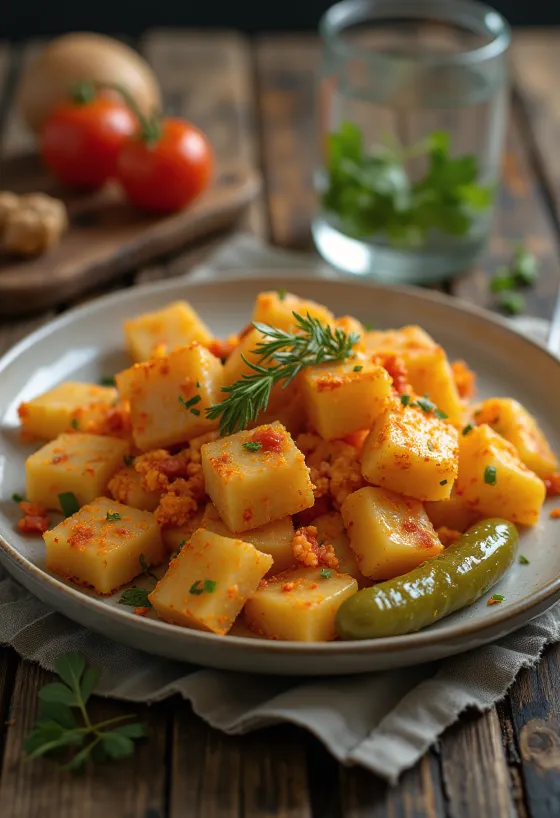 Pasta med kartofler serveret med ristede løg og paprika