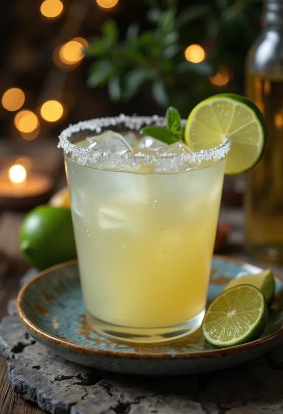 Margarita cocktail med saltkant og limeskive pynt