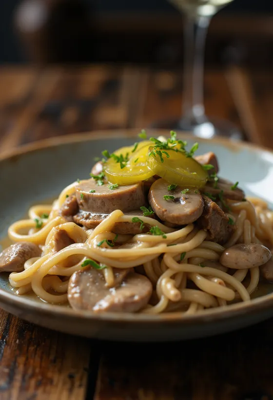 Bøf Stroganoff serveret med silkeblød cremefraiche-sauce