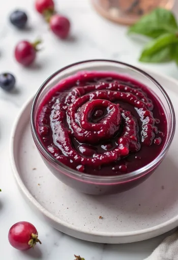 Rødvinssauce med hyben i en skål, pyntet med frisk rosmarin.