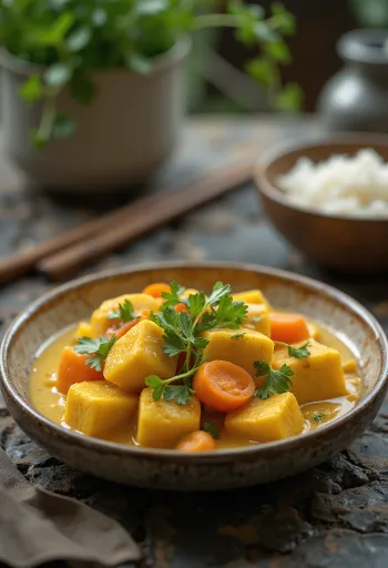 Cà ri med tofu, tofuterninger, grøntsager og frisk koriander