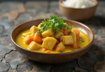 Cà ri med tofu, tofuterninger, grøntsager og frisk koriander