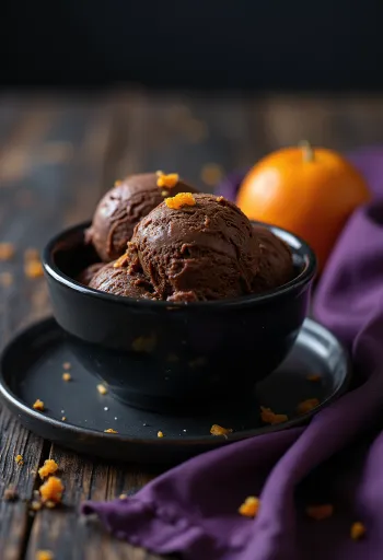 Chokolade-appelsin-is serveret med chokoladespåner og appelsinskal