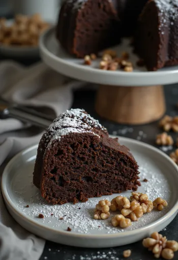 Chokolade valnøddekage serveret