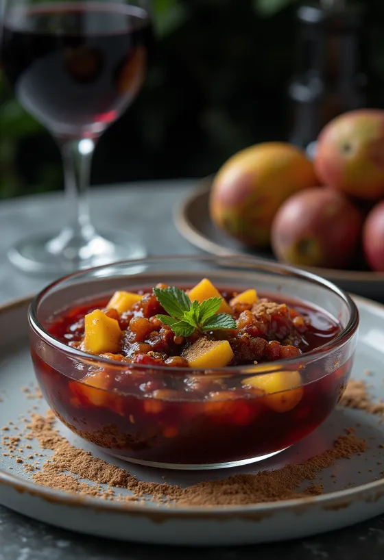 Mørkerød kanel-mango rødvins-chutney i glas
