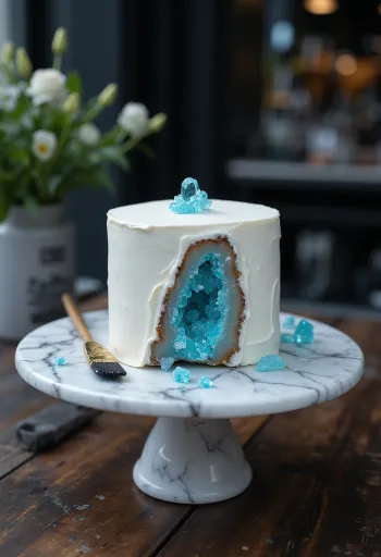 Geode-kage med farvede sukkerkrystaller