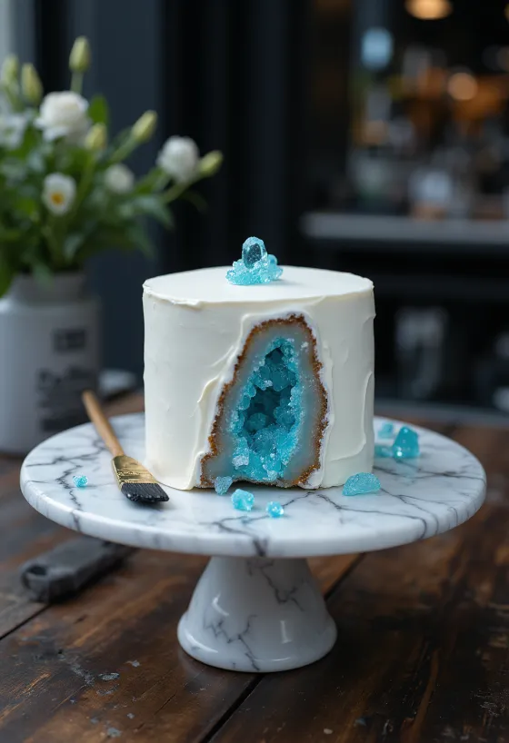 Geode-kage med farvede sukkerkrystaller