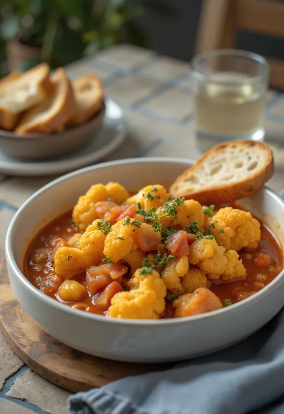Krydret blomkålsgryde i saftig tomatbase, drysset med frisk persille.