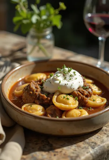 Oksekødsgullasch med spätzle og creme fraiche serveret
