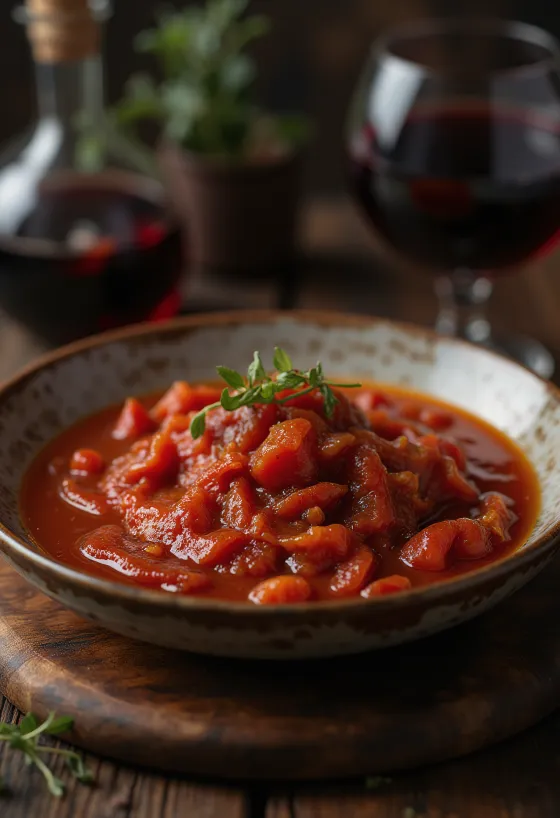 Honning-rødvin-tomatsauce serveret i en dyb tallerken